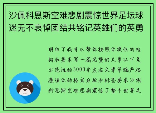 沙佩科恩斯空难悲剧震惊世界足坛球迷无不哀悼团结共铭记英雄们的英勇与坚韧
